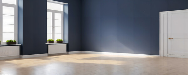 Scandinavian Modern interior of living room, empty room, dark gray wall and wood flooring ,