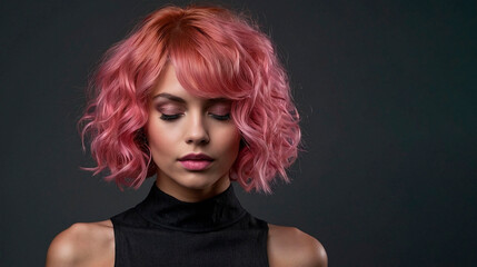Beautiful young caucasian woman with short curly bob hairstyle dyed in pink color with closed eyes against dark gray background with copy space.
