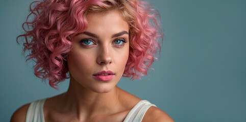 Fototapeta premium Beautiful young caucasian woman with short curly bob hairstyle dyed in pink color with closed eyes against dark blue background with copy space.
