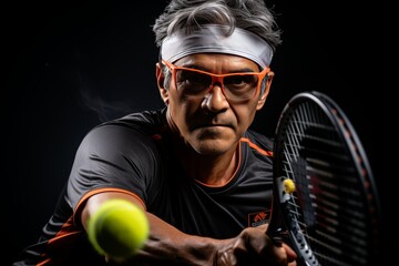 a dynamic moment of a male tennis player executing a powerful serve with a serene backdrop - obrazy, fototapety, plakaty