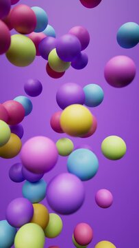 cycled 3d vertical video. Abstract minimalist background. Colorful balls and balloons jumping up and down. Assorted 3d elements in slow motion