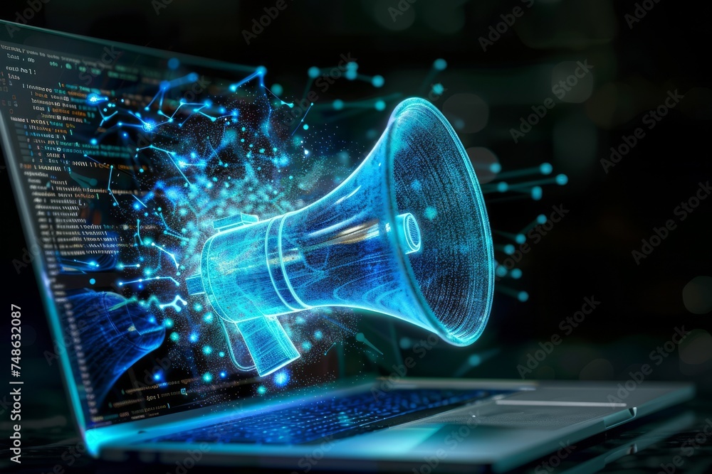 Poster a megaphone on a laptop with digital effects exploding from it.