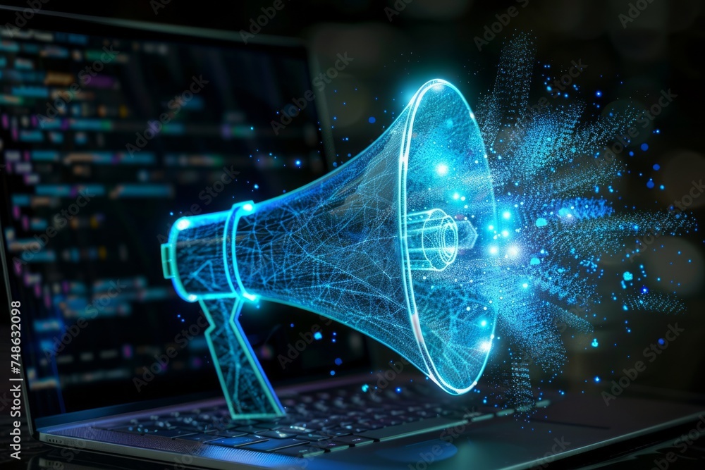 Poster a megaphone on a laptop with digital effects exploding from it.