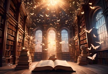 abstract magical world of library with books. - obrazy, fototapety, plakaty