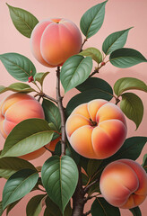 fresh peach and leaf on light pink background