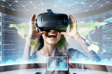 Cyberspace, metaverse and virtual reality concept with young beautiful woman in VR headset projected virtual reality hologram with world map on abstract office background - 748632096