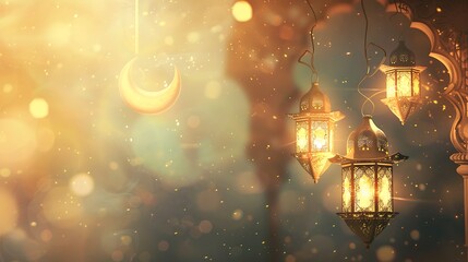 islamic background in gold color with crescent, lantern, gate and bokeh effect.realistic Ramadan Kareem banner design with soft color. Generative Ai