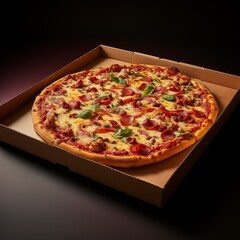 pizza with salami and mushrooms in a box