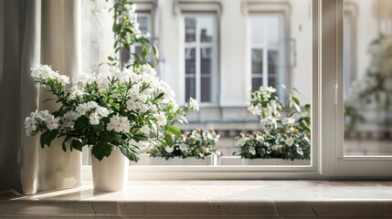 Fototapeta na wymiar Classic Windowsill with Flowering Plants for Elegance