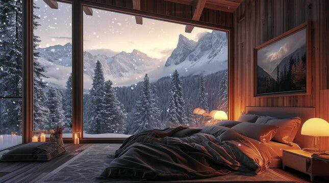 Cozy bedroom with panoramic winter valley view, snow-capped mountains in the distance Seamless looping 4k time-lapse virtual video animation background. Generated AI