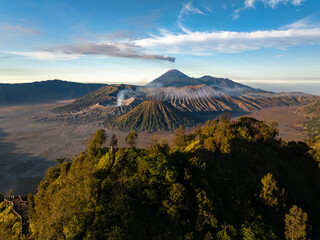 Aerial drone view of Bromo active volcano with Kingkong hill viewpoint, Tengger Semeru national...