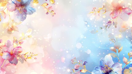 Luxurious golden wallpaper. Banner with flowers. Watercolor pink, blue, lilac spots on a white background. Shiny flowers and twigs. Generative Ai