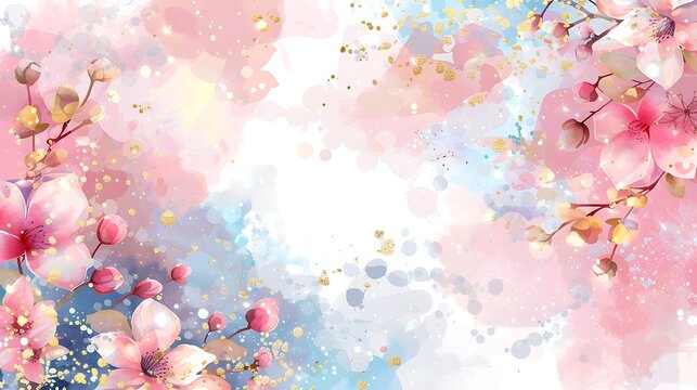 Luxurious golden wallpaper. Banner with flowers. Watercolor pink, blue, lilac spots on a white background. Shiny flowers and twigs. Generative Ai