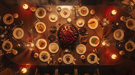 Top view of cozy table with asian dishes and candles.