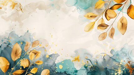 Luxurious golden wallpaper. Banner with white background blue and green watercolor stains. Golden cherry leaves wall art with shiny light texture. Modern art mural wallpaper. Generative Ai - obrazy, fototapety, plakaty