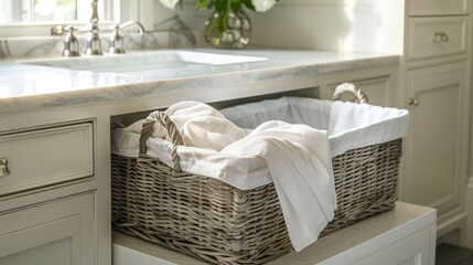 Fototapeta na wymiar Classic Linen Laundry Basket in Timeless Bathroom