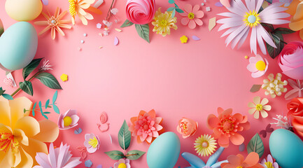 Fototapeta na wymiar Flowers and easter eggs in colorful frame wallpaper