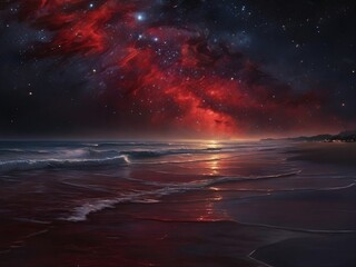 A crimson sea stretches out before you, its waves crashing against the shore as the dark and starry sky looms above