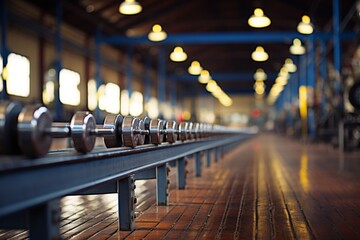 A high resolution image of a gym interior with a neatly arranged rack of dumbbells in a fitness and...