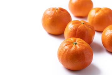Fresh tangerines isolated on white background. Copy space