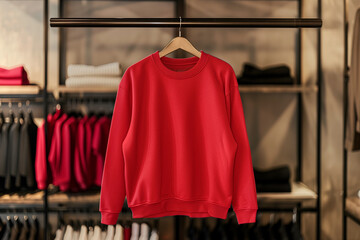 Fototapeta premium Mockup of red cotton sweatshirt on coat rack on luxury retail space background