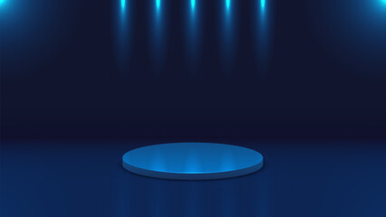 Minimalistic background with a podium for products in blue tones. Studio lighting.
