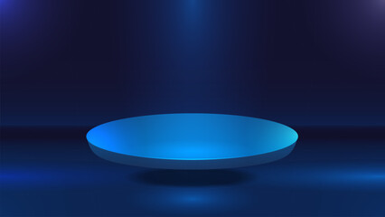 An empty blue podium floating in the air on a dark blue background.