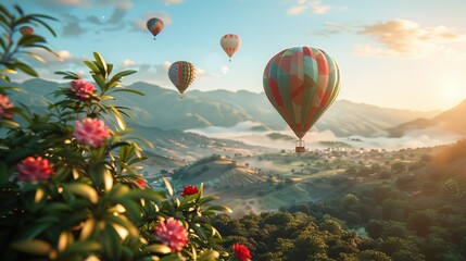 _Hot_air_balloons_flying_over_the_valley._3D_render