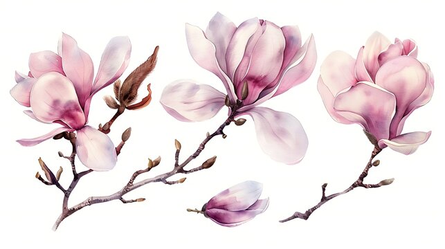 Magnolia flower arrangement watercolor painted illustration set. Hand drawn lush spring bud and blossom in the full bloom. Magnolia paint charming lush flowers isolated on white. Generative Ai