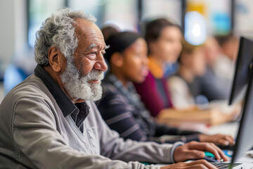 Elderly man in a computer class, learning how to use new technologies, in a class of older people. - obrazy, fototapety, plakaty