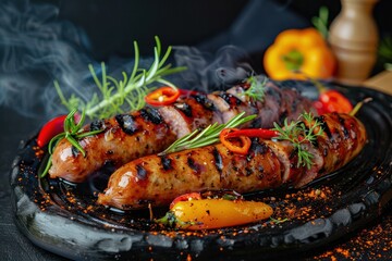 Grilled sausage with the addition of herbs and vegetables on the dark background. Grilling food, barbecue 