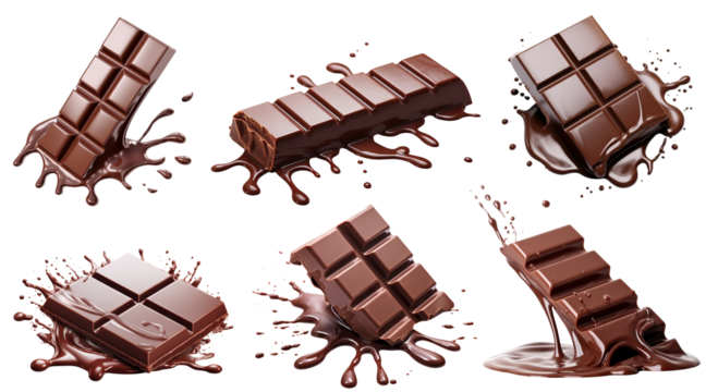 Set of delicious chocolate bar pieces falling into chocolate splashes, cut out