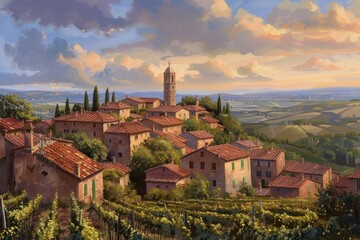 Hilltop village in Tuscany, with terracotta rooftops, vineyards stretching to the horizon, and the...