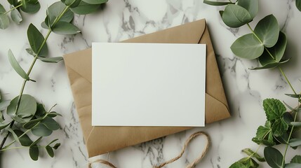 Mockup invitation, blank greeting card and eucalyptus green leaves. Flat lay, top view. Generative Ai - obrazy, fototapety, plakaty