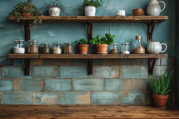 Fototapeta na wymiar Wooden shelf with spice jars and herb pots in old minimalist style kitchen