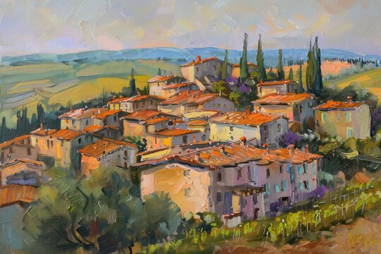 Hilltop village in Tuscany, with terracotta rooftops, vineyards stretching to the horizon, and the soft glow of the setting sun. 