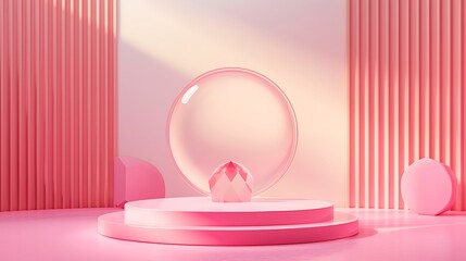 Modern background platform with pink glass podium. Background 3d rendering crystal modern podium platform. stand show cosmetic product. Stage showcase on pedestal modern 3d studio. Generative Ai