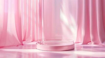 Modern background platform with pink glass podium. Background 3d rendering crystal modern podium platform. stand show cosmetic product. Stage showcase on pedestal modern 3d studio. Generative Ai