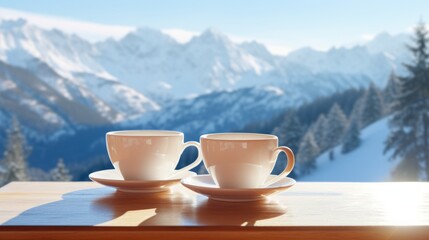  cups of tea sit on a window sill with  snowy mountain 