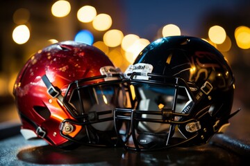 a scene with a football field, two american football helmets, and blurry stadium lights in the background