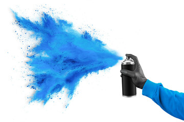 hand with black glove sweatshirt and color spray can with bright cyan blue  paint powder cloud explosion isolated white panorama background. industry art and graffiti concept. - 748636835