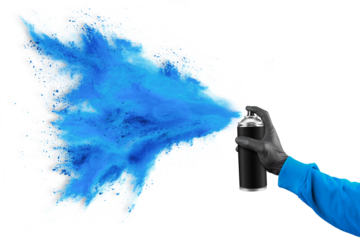 hand with black glove sweatshirt and color spray can with bright cyan blue paint powder cloud explosion isolated white panorama background. industry art and graffiti concept.