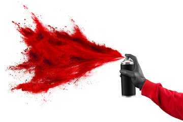 hand with black glove sweatshirt and color spray can with bright red  paint powder cloud explosion isolated  white panorama background. industry art and graffiti concept. - 748636872