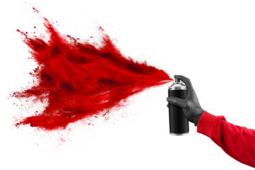 hand with black glove sweatshirt and color spray can with bright red paint powder cloud explosion isolated white panorama background. industry art and graffiti concept.
