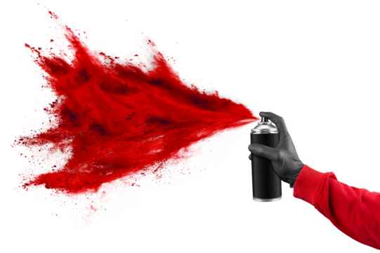hand with black glove sweatshirt and color spray can with bright red  paint powder cloud explosion isolated  white panorama background. industry art and graffiti concept.