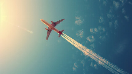 A low angle shot of a small airplane taking off. slender white path Bright blue sky without clouds - Powered by Adobe
