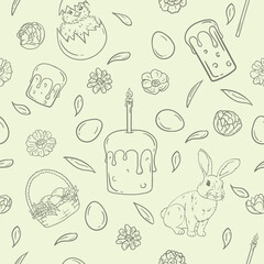 Contour seamless Easter pattern for gift paper with Easter cakes, eggs, flowers, hare, chicken in shell and pussy willow