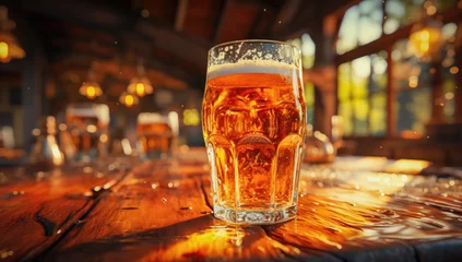 Foto op Canvas Foamy beer is in a glass on an old wooden table against a beautiful bokeh background © Intel
