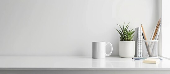 White desk table of clean workspace with supplies and coffee mug concept. Generated AI image - obrazy, fototapety, plakaty