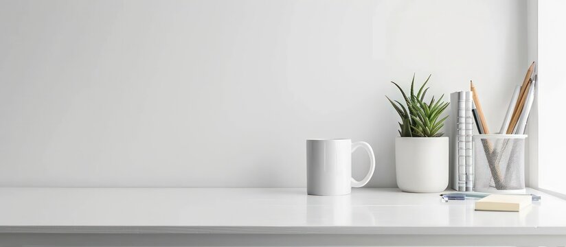 White desk table of clean workspace with supplies and coffee mug concept. Generated AI image